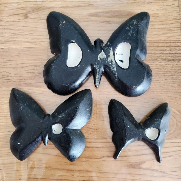 Set of 3 Ceramic Butterfly Wall Hang Decor Set Blue MCM 3D Hanging - Picture 2 of 6